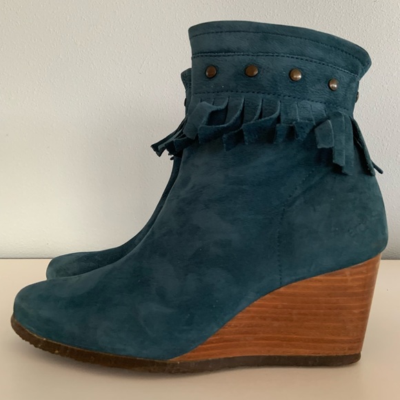 Arche • Tikhal Teal Fringe Leather Wedge Ankle Boots Size 37 / 6.5 - Picture 3 of 12